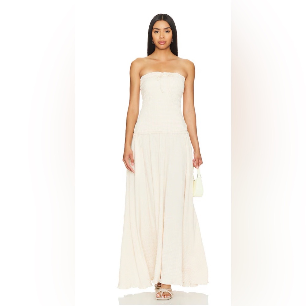 Lovers + Friends Neutral Gingham Cream and Tan Strapless Dress